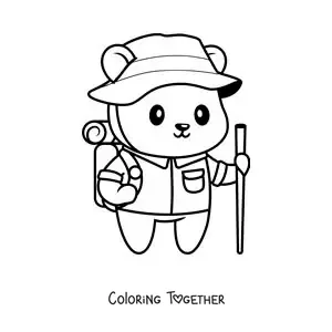 Coloring page of a cute hiker bear