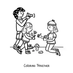 Coloring page of a family on a walk photographing nature