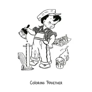 Coloring page of a scared boy holding a paintbrush next to a puppy eating paint