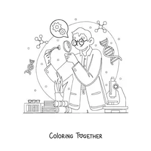 Coloring page of a scientist doing experiments