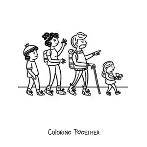 Coloring page of a family hiking on a walk