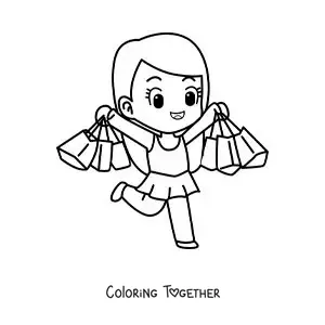 Coloring page of a cute girl in a dress with her shopping bags