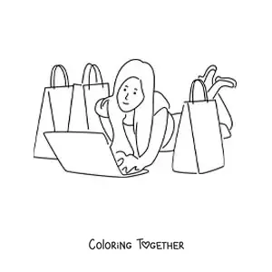 Coloring page of a girl buying lots of clothes online on her laptop