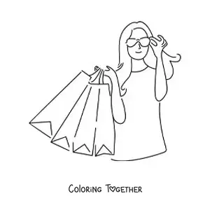 Coloring page of a girl shopping with her sunglasses