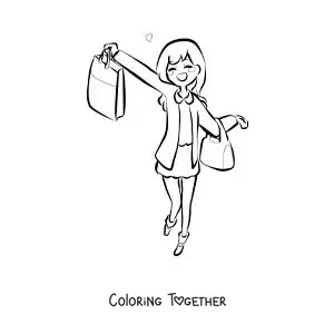 Coloring page of an anime style girl shopping with her bags