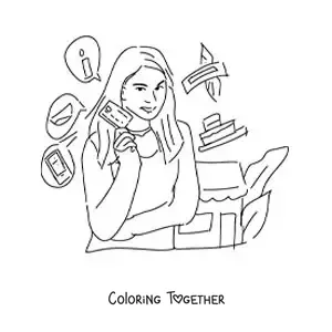 Coloring page of a woman with her credit card ready to go shopping
