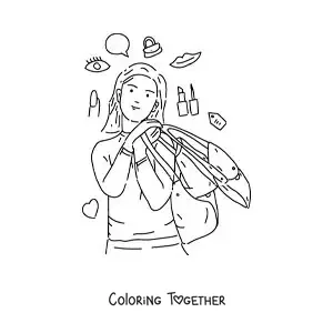 Coloring page of a girl with bags thinking about buying makeup
