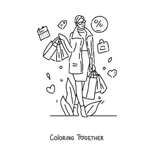 Coloring page of a woman shopping during the sales season
