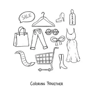 Coloring page of a shopping cart surrounded by clothes