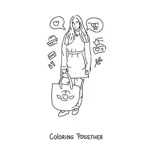 Coloring page of a girl shopping with her bag