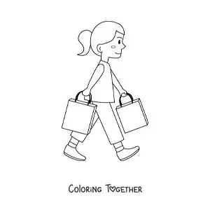 Coloring page of a girl walking with two shopping bags