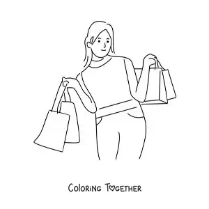 Coloring page of a girl with lots of shopping bags