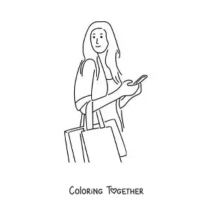 Coloring page of a girl shopping with bags and her phone in hand