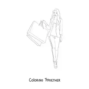Coloring page of a cute shopping girl