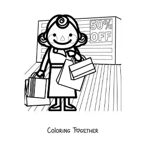 Coloring page of a woman shopping in a store with half price sales