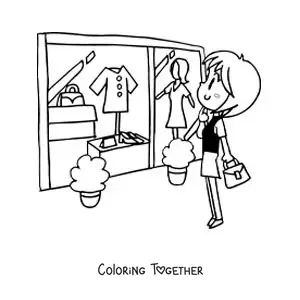 Coloring page of a woman shopping looking at a clothing store window