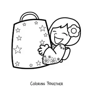 Coloring page of a happy Japanese girl with her shopping bag