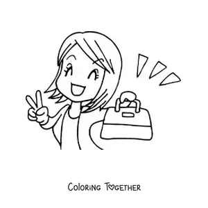 Coloring page of a cartoon of a woman happy about buying a new handbag