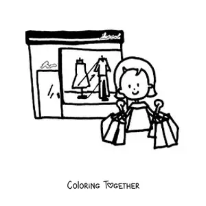 Coloring page of a woman shopping in front of a clothing store with bags