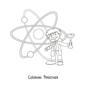Coloring page of a cartoon Albert Einstein next to an atom