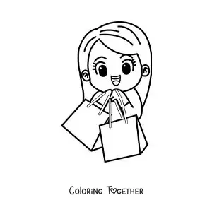 Coloring page of a cute girl shopping