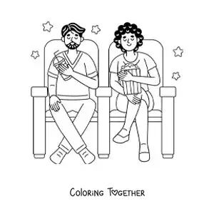 Coloring page of a girl and a boy with popcorn at the movies