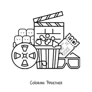 Coloring page of popcorn, glasses, a ticket, and other movie items