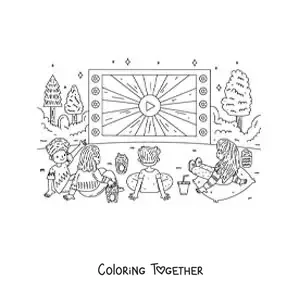 Coloring page of children watching an outdoor screening