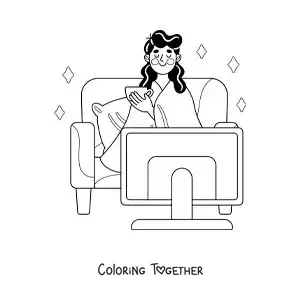 Coloring page of a girl with a blanket watching movies at home
