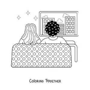 Coloring page of a couple watching movies at home