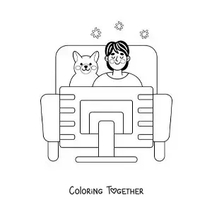 Coloring page of a boy and his dog watching movies at home