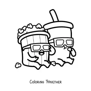 Coloring page of cute cartoon movie theater popcorn and soda