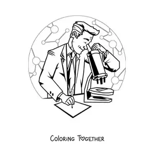 Coloring page of a scientist looking through a microscope