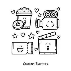 Coloring page of a cartoon projector, camera, popcorn, and other movie elements