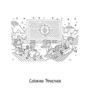 Coloring page of young couples watching a movie outdoors in a park