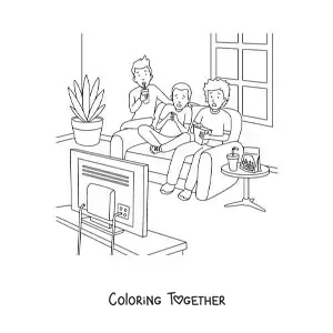 Coloring page of three kids watching a horror movie at home