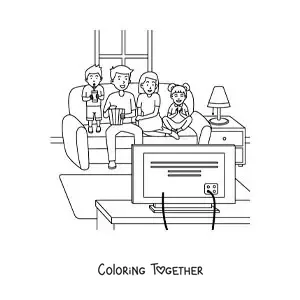 Coloring page of a family with children watching a movie at home
