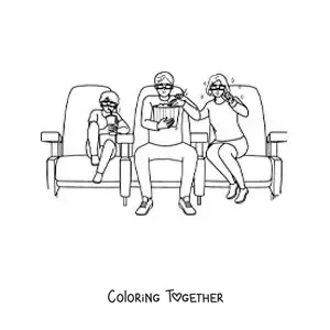 Coloring page of mom, dad, and son watching a movie at the cinema