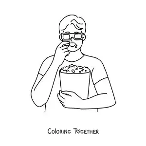 Coloring page of a boy with 3D glasses eating popcorn
