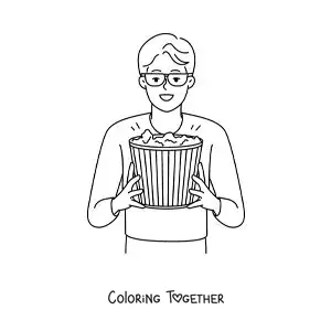 Coloring page of a boy with movie theater popcorn
