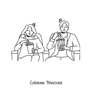 Coloring page of a couple watching a horror movie at the cinema