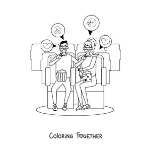 Coloring page of a couple watching a movie on a date at the cinema