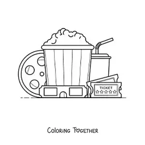 Coloring page of tickets, popcorn, a film reel, 3D glasses, and other movie elements