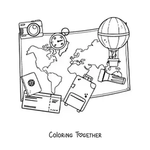 Coloring page of a map, suitcase, tickets, and other travel elements
