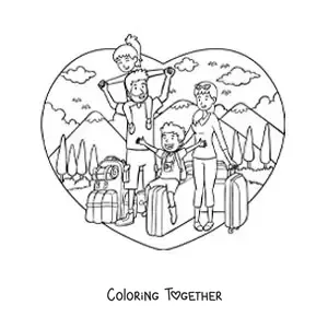 Coloring page of a family with children with travel suitcases in nature