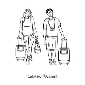 Coloring page of a couple of travelers with suitcases