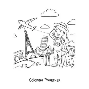 Coloring page of a tourist girl with travel suitcases around the world