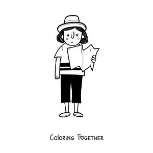 Coloring page of a cartoon of a tourist girl reading a map