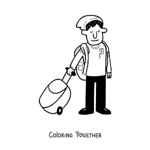 Coloring page of a cartoon of a traveler boy with his suitcase