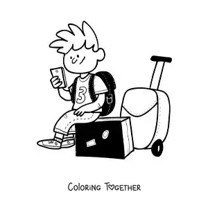 Coloring page of a cartoon of a traveler boy sitting on his suitcase